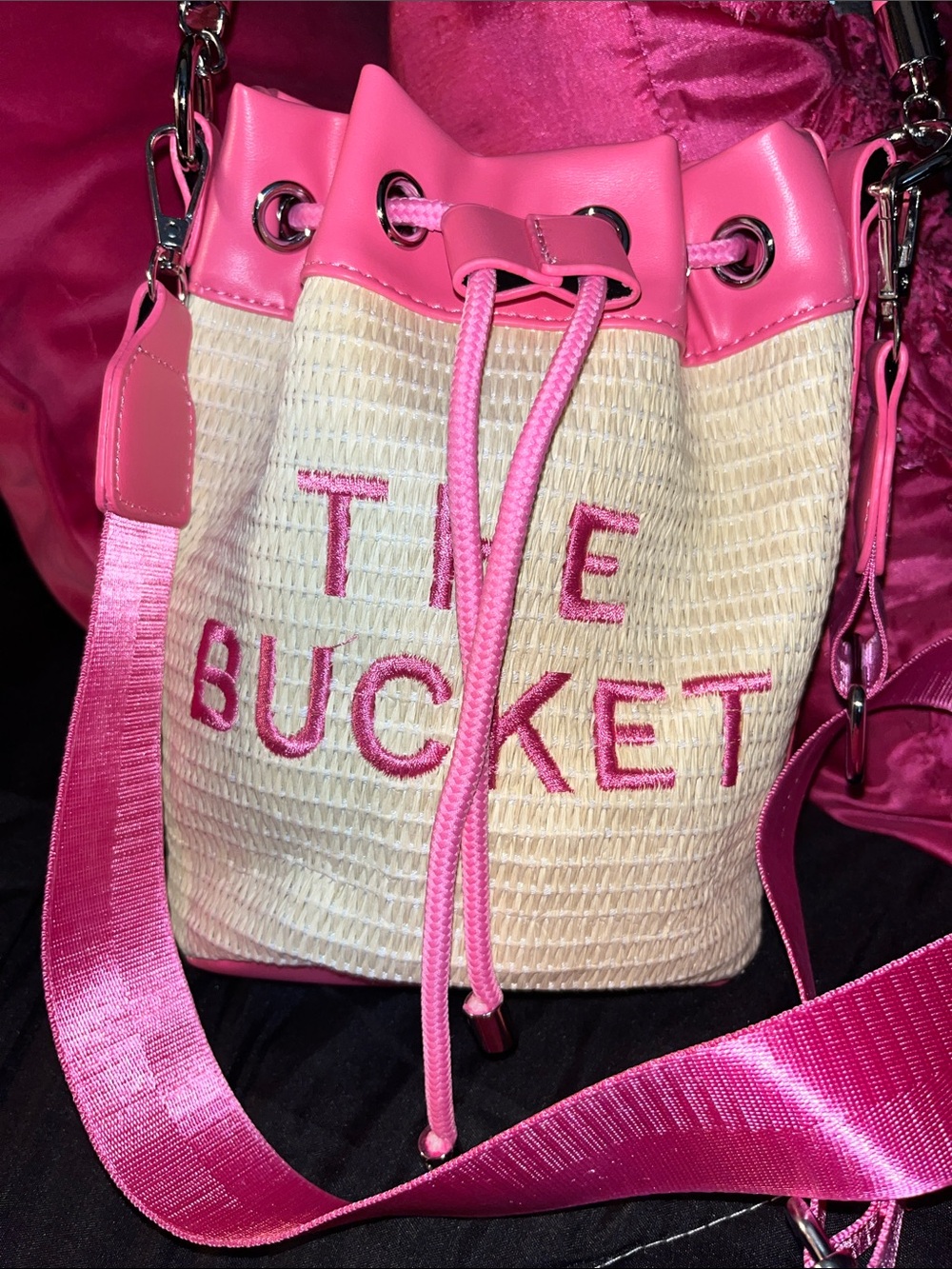 The Bucket Pink Straw Bucket Bag with Pink Trim - Picture 2 of 4